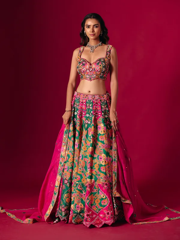 Rani pink raw silk lehenga choli with dupatta for women