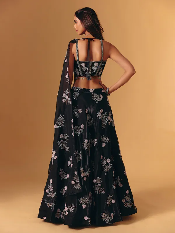 Black silk with attached dupatta lehenga choli set