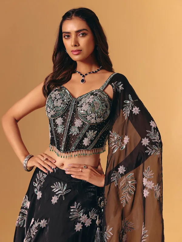 Black silk with attached dupatta lehenga choli set
