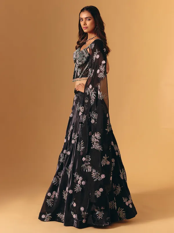 Black silk with attached dupatta lehenga choli set