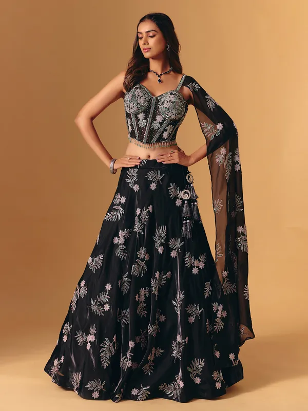Black silk with attached dupatta lehenga choli set