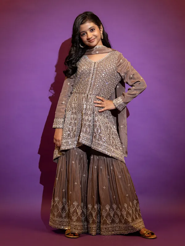 Coffee color silk sharara suit with dupatta