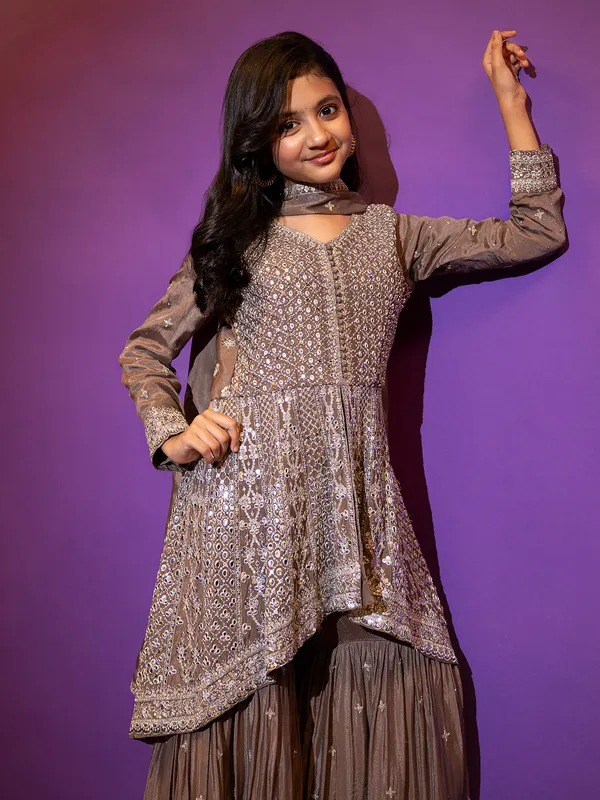 Coffee color silk sharara suit with dupatta