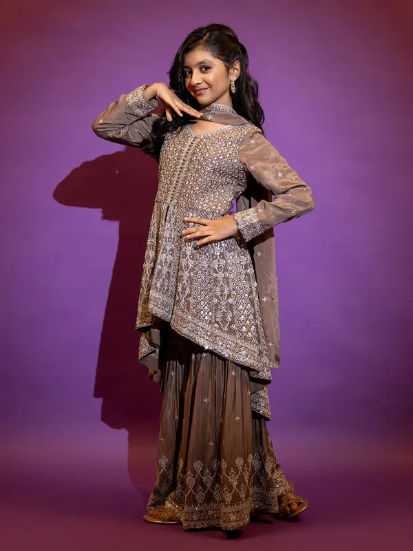 Coffee color silk sharara suit with dupatta