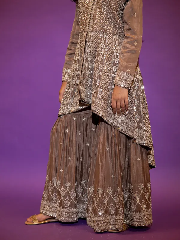 Coffee color silk sharara suit with dupatta