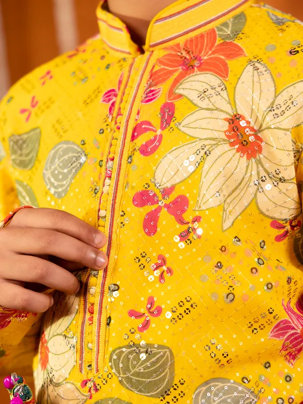 Mustard yellow silk printed kurta pajama