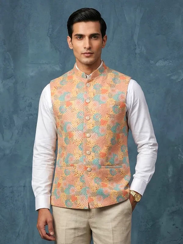 Multi-color printed cotton silk waistcoat with thread work