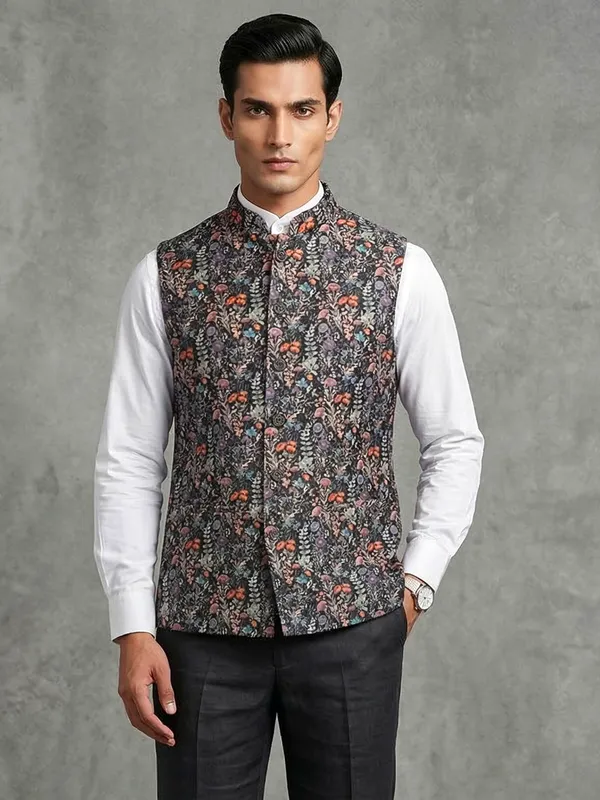 Black printed cotton silk waistcoat with thread work