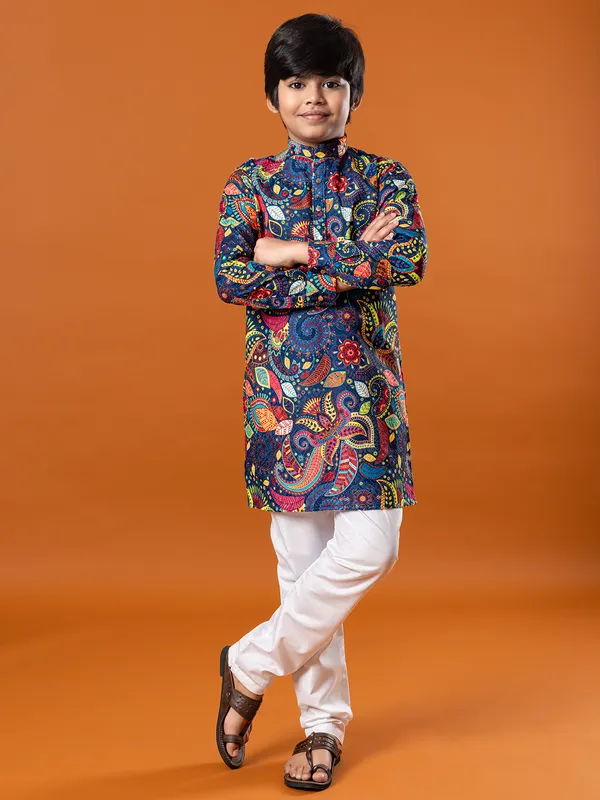 Navy printed cotton silk kurta suit for boys