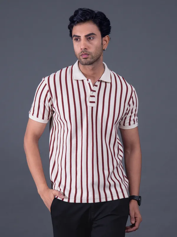 MUFTI off white and maroon stripe polo t-shirt