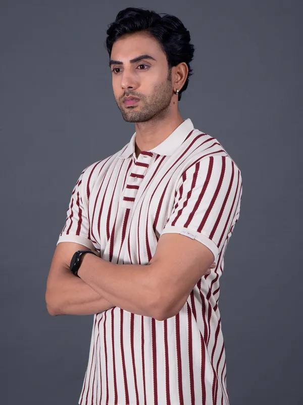MUFTI off white and maroon stripe polo t-shirt