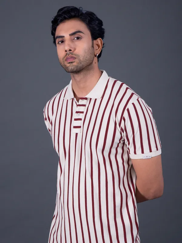 MUFTI off white and maroon stripe polo t-shirt