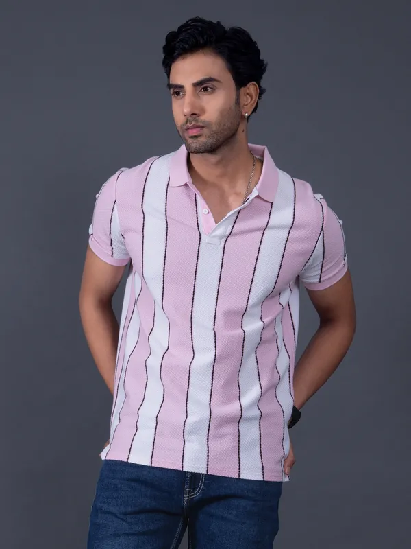 PEPE striped pink polo neck slim fit mens t-shirt