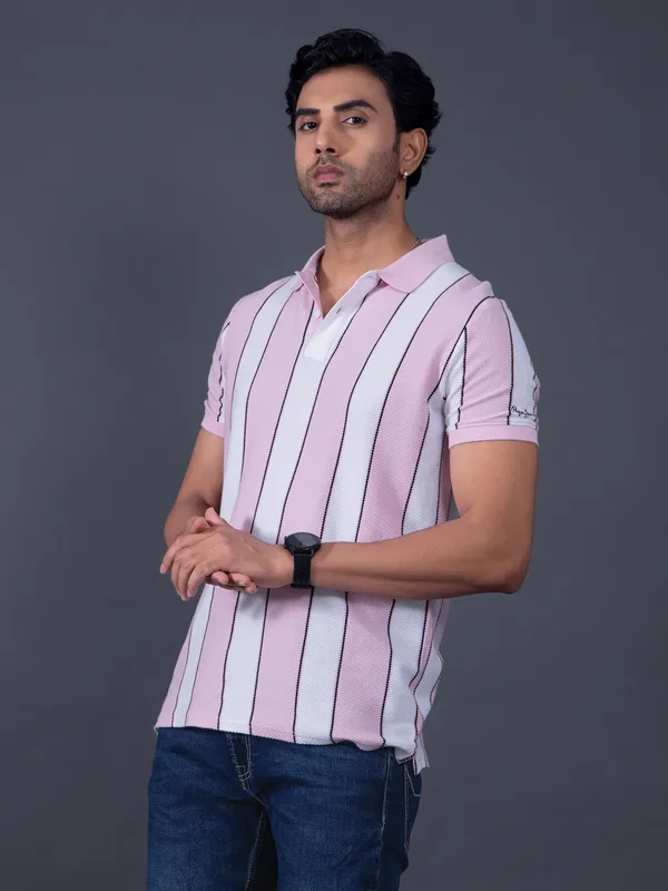 PEPE striped pink polo neck slim fit mens t-shirt
