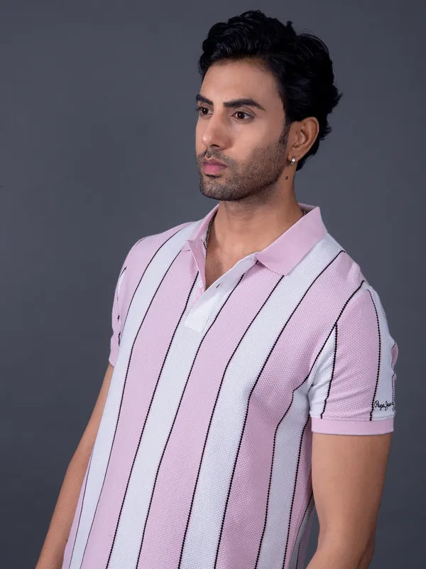 PEPE striped pink polo neck slim fit mens t-shirt