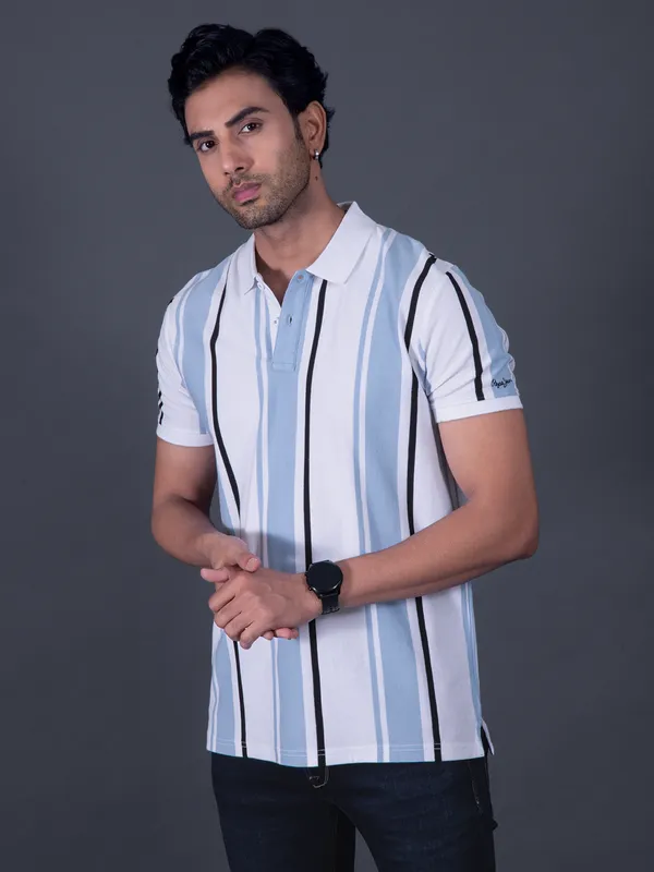 PEPE striped sky blue polo neck slim fit mens t-shirt
