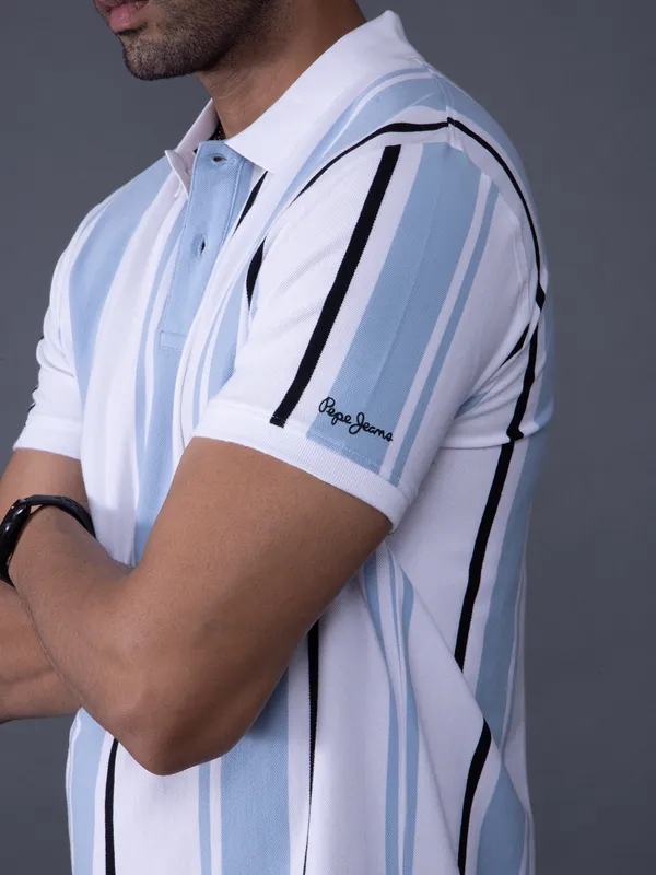 PEPE striped sky blue polo neck slim fit mens t-shirt