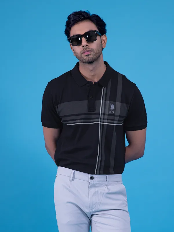 US POLO black printed slim fit cotton polo t-shirt