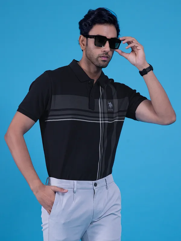 US POLO black printed slim fit cotton polo t-shirt