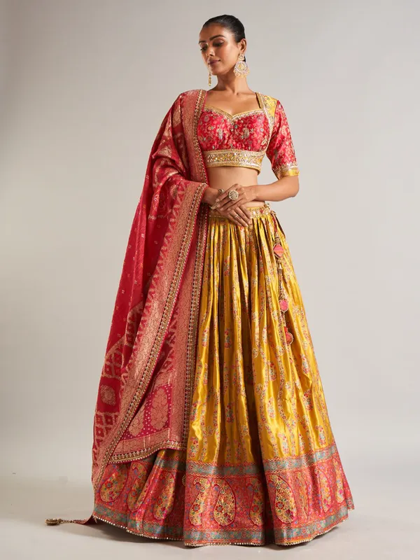 Heavy mustard yellow silk lehenga choli