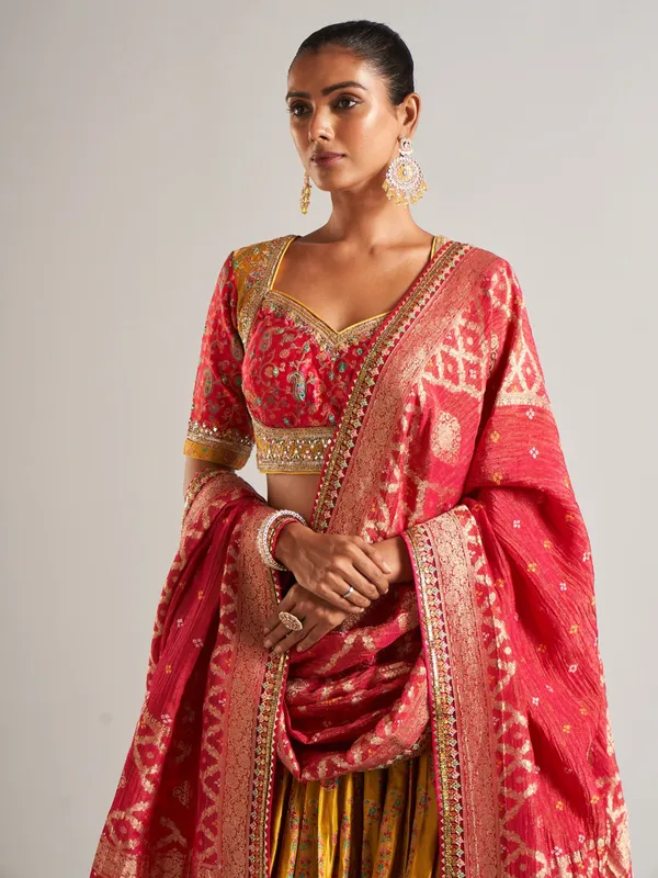 Heavy mustard yellow silk lehenga choli