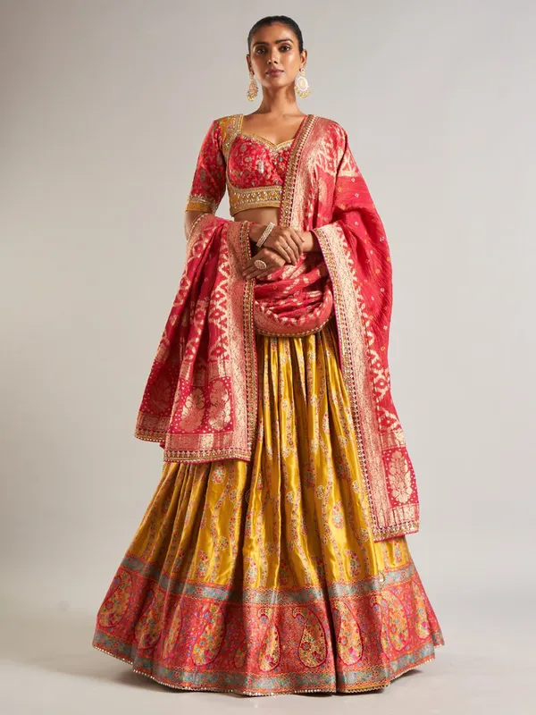 Heavy mustard yellow silk lehenga choli