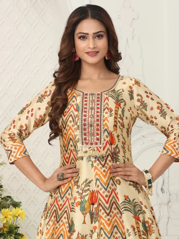 Cream floor length anarkali suit in dola silk