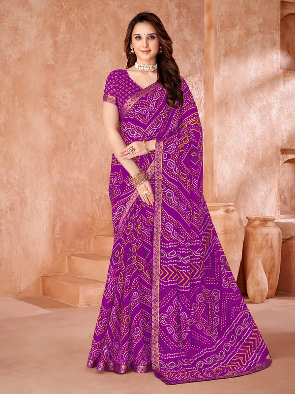 Purple chiffon festive wear saree in bandhani print for women