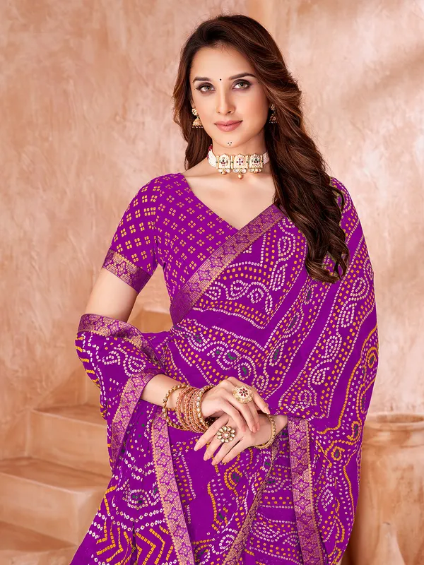 Purple chiffon festive wear saree in bandhani print for women