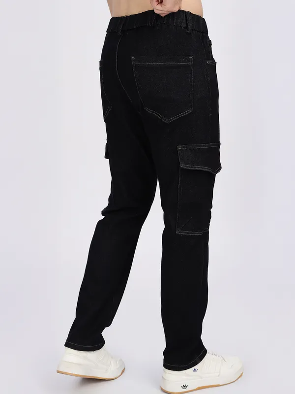 REX STRAUT black solid cargo denim jeans for mens