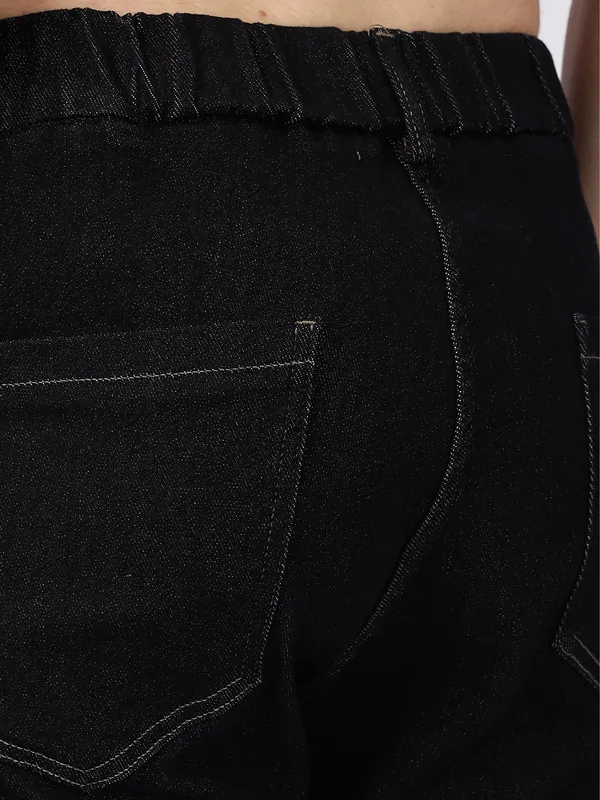 REX STRAUT black solid cargo denim jeans for mens