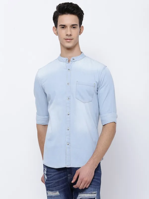  Highlander Men Blue Faded Slim Fit Casual Shirts