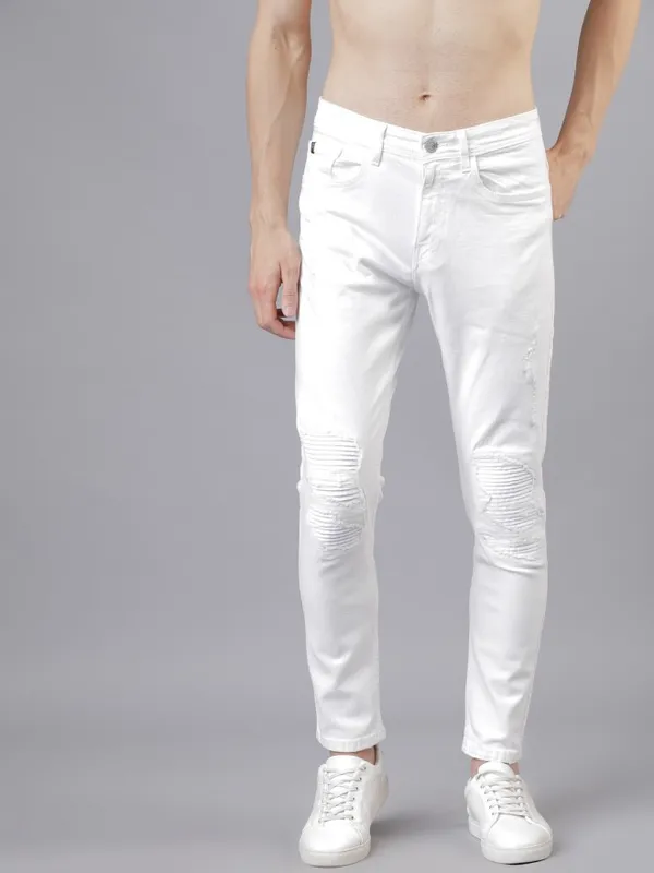  Locomotive Men White Tapered Fit Mildly Distressed Jeans