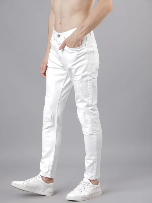  Locomotive Men White Tapered Fit Mildly Distressed Jeans