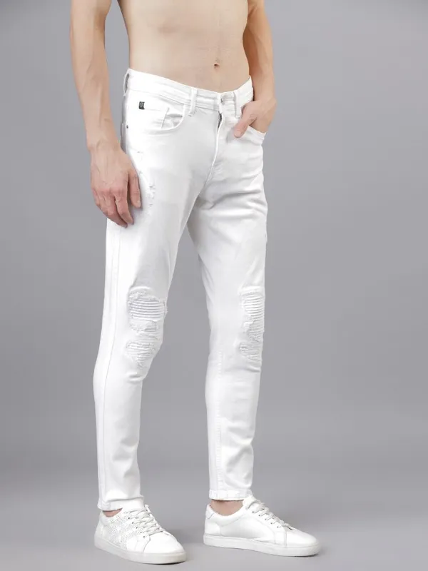  Locomotive Men White Tapered Fit Mildly Distressed Jeans