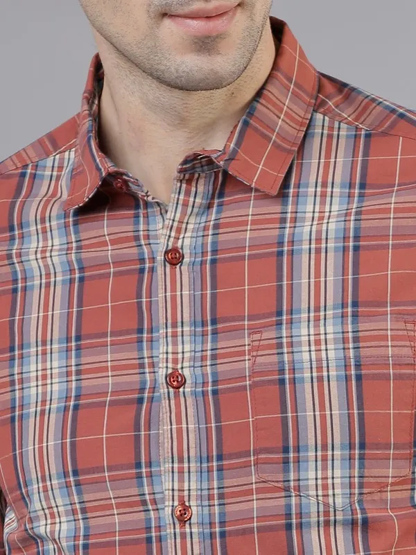  Highlander Men Peach Checked Slim Fit Casual Shirts