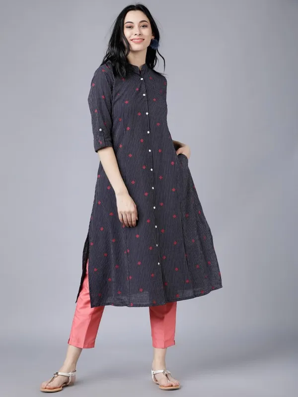  Vishudh Women Navy Blue Striped A-Line Kurtas