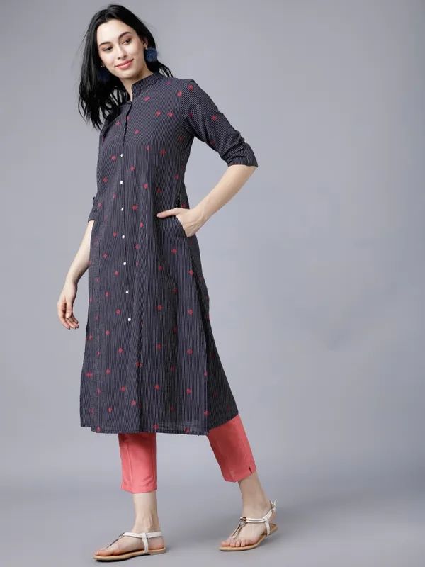  Vishudh Women Navy Blue Striped A-Line Kurtas