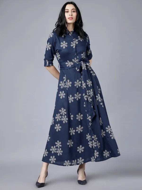  Vishudh Women Navy Blue Printed Shirt Ethnic Dresses