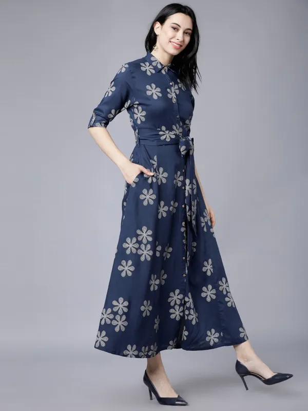  Vishudh Women Navy Blue Printed Shirt Ethnic Dresses