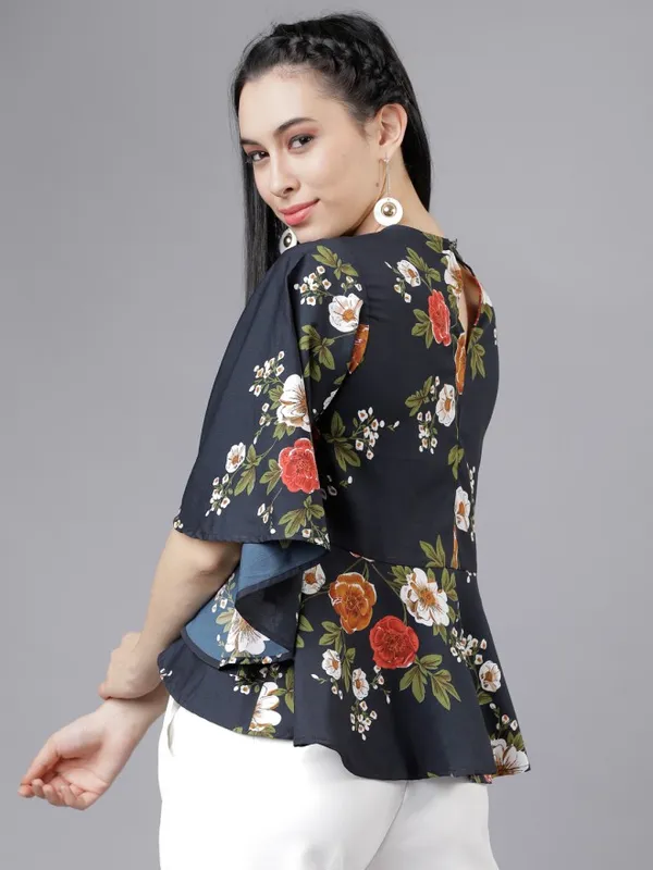  Tokyo Talkies Women Navy Blue Printed Peplum Tops