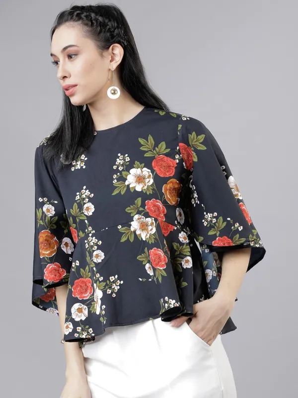  Tokyo Talkies Women Navy Blue Printed Peplum Tops