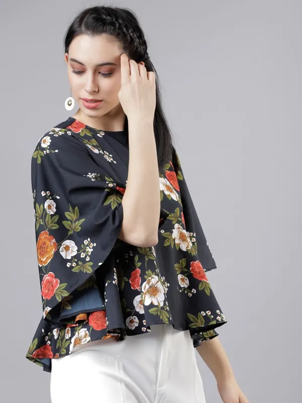  Tokyo Talkies Women Navy Blue Printed Peplum Tops