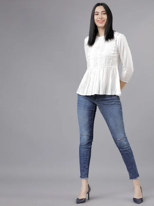  Tokyo Talkies Women Off White Solid Peplum Tops