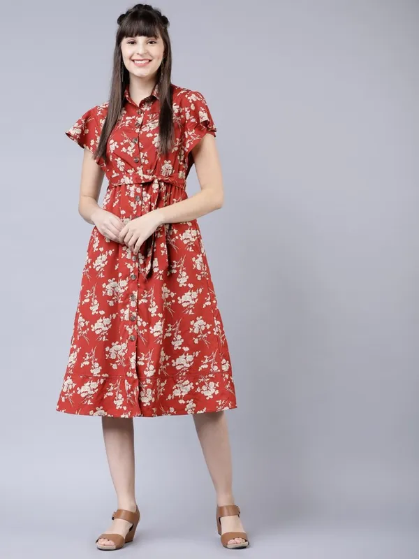  Tokyo Talkies Women Terracotta Printed Shirt Dresses