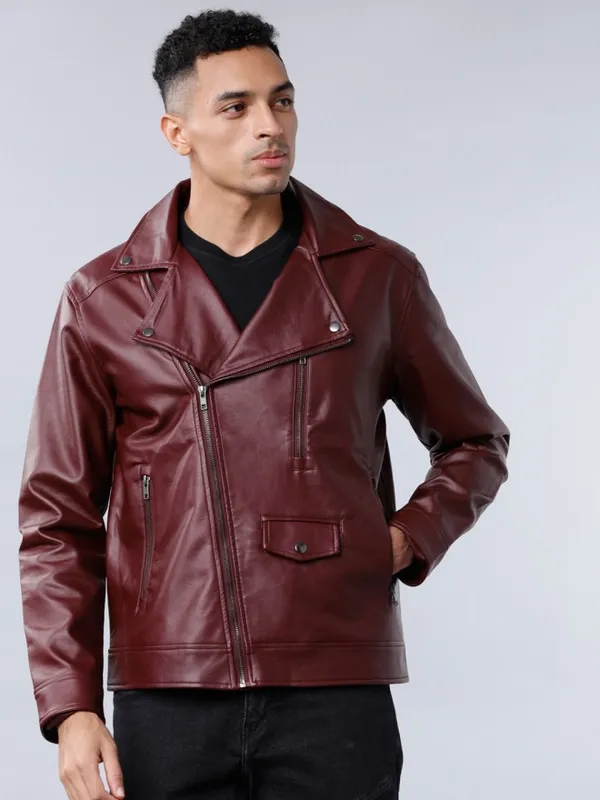  Highlander Men Burgundy Solid Biker Jacket Jackets