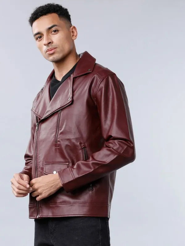  Highlander Men Burgundy Solid Biker Jacket Jackets