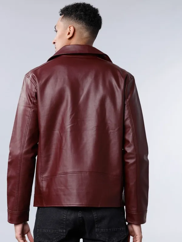  Highlander Men Burgundy Solid Biker Jacket Jackets