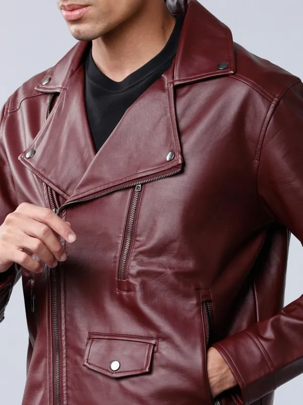  Highlander Men Burgundy Solid Biker Jacket Jackets