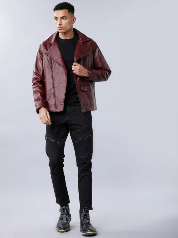  Highlander Men Burgundy Solid Biker Jacket Jackets